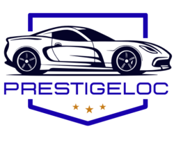il y a une voiture et en dessous le nom de la entreprise prestigeloc et en dessous 3 étoiles